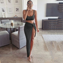 Cargar imagen en el visor de la galería, Conjunto de 2 piezas de fiesta Sexy para mujer 2019 Top corto de talla grande con abertura lateral torcida