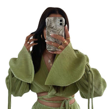 Cargar imagen en el visor de la galería, Conjunto de pantalones verdes sexis para mujer, blusas informales holgadas con vendaje, camisa a juego