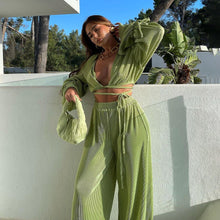 Cargar imagen en el visor de la galería, Conjunto de pantalones verdes sexis para mujer, blusas informales holgadas con vendaje, camisa a juego