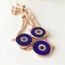Cargar imagen en el visor de la galería, Pulsera de cristal de Murano contra el mal de ojo, pulsera ajustable de oro rosa, azul