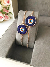 Cargar imagen en el visor de la galería, Pulsera de cristal de Murano contra el mal de ojo, pulsera ajustable de oro rosa, azul