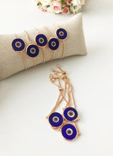 Cargar imagen en el visor de la galería, Pulsera de cristal de Murano contra el mal de ojo, pulsera ajustable de oro rosa, azul