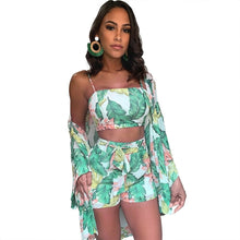 Cargar imagen en el visor de la galería, Conjunto de 3 piezas de gasa para mujer, ropa de abrigo larga estampada, Tops cortos y pantalones cortos
