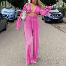 Cargar imagen en el visor de la galería, Conjunto de pantalones verdes sexis para mujer, blusas informales holgadas con vendaje, camisa a juego
