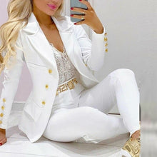 Cargar imagen en el visor de la galería, Traje de pantalón largo y blazer con botones y cuello con muescas de oficina lisos
