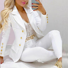 Cargar imagen en el visor de la galería, Traje de pantalón largo y blazer con botones y cuello con muescas de oficina lisos
