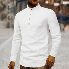 Cargar imagen en el visor de la galería, Camisa para hombre  Stand Collar Linen Shirt
