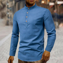 Cargar imagen en el visor de la galería, Camisa para hombre  Stand Collar Linen Shirt
